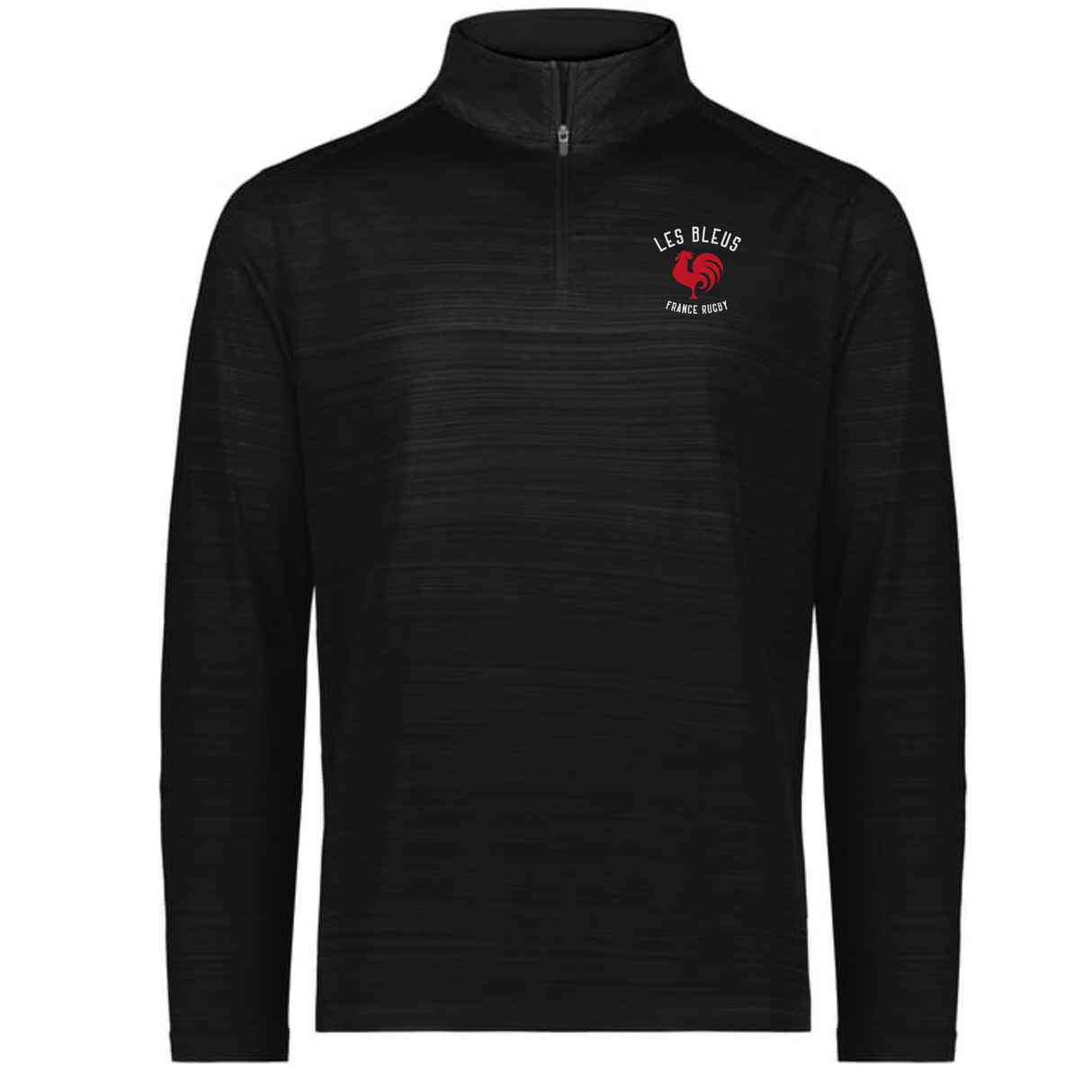 Show your support with the EMB Augusta Nations of Rugby Les Bleus Pursuit 1/4 Zip Pullover—black with the "Les Bleus France Rugby" logo and red rooster emblem on the left chest. Perfect for dedicated rugby fans!.