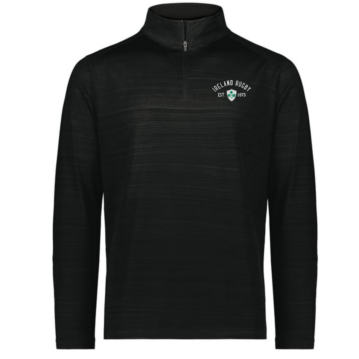 The EMB Augusta Nations of Rugby Ireland Est 1875 Pursuit 1/4 Zip Pullover features a black long-sleeve design with “Ireland Rugby EST 1875” and a green crest logo on the left chest, celebrating Irish rugby heritage.