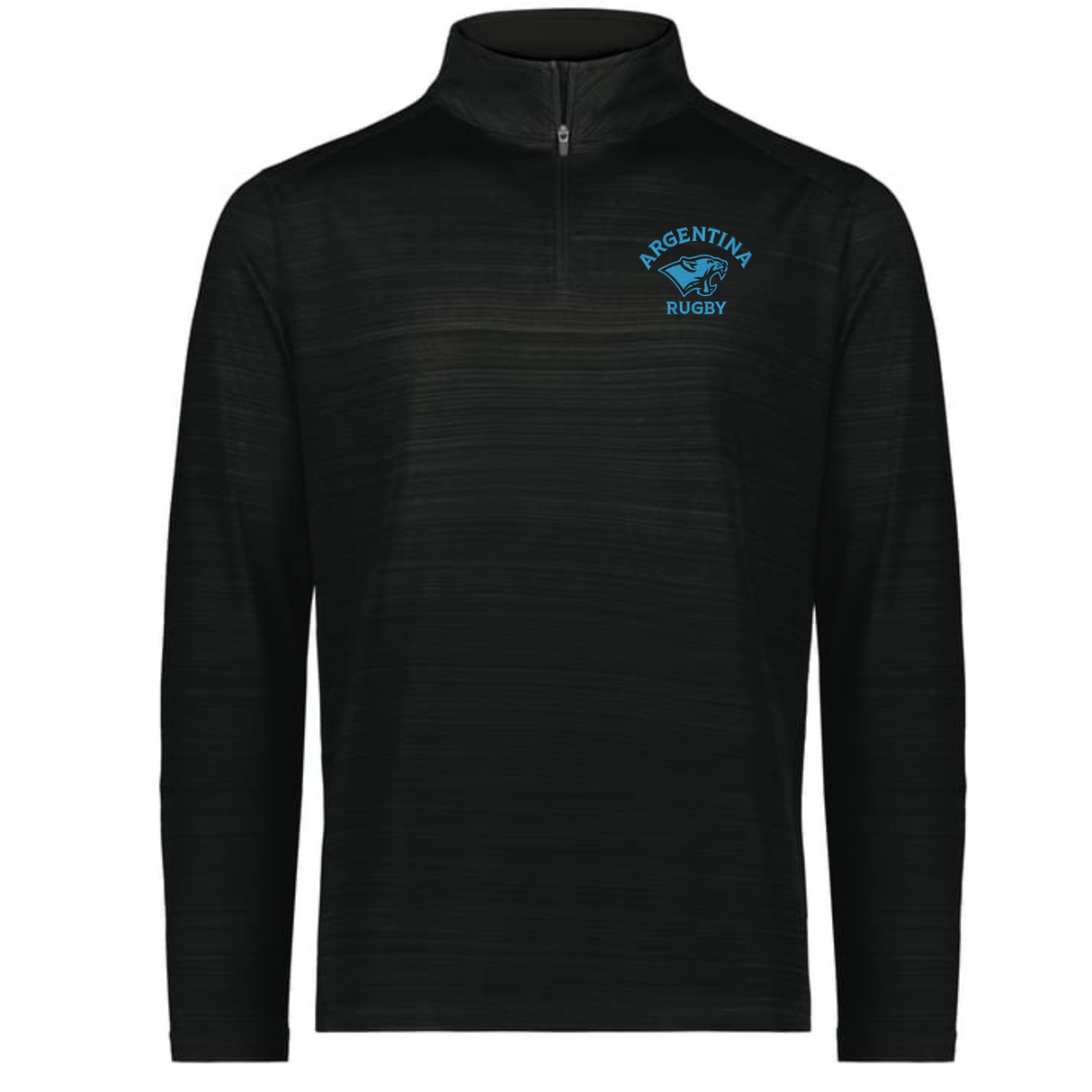 The EMB Augusta Nations of Rugby Argentina Pursuit 1/4 Zip Pullover is a black long-sleeve with a quarter-zip collar and an "Argentina Rugby" logo with a jaguar on the left chest.