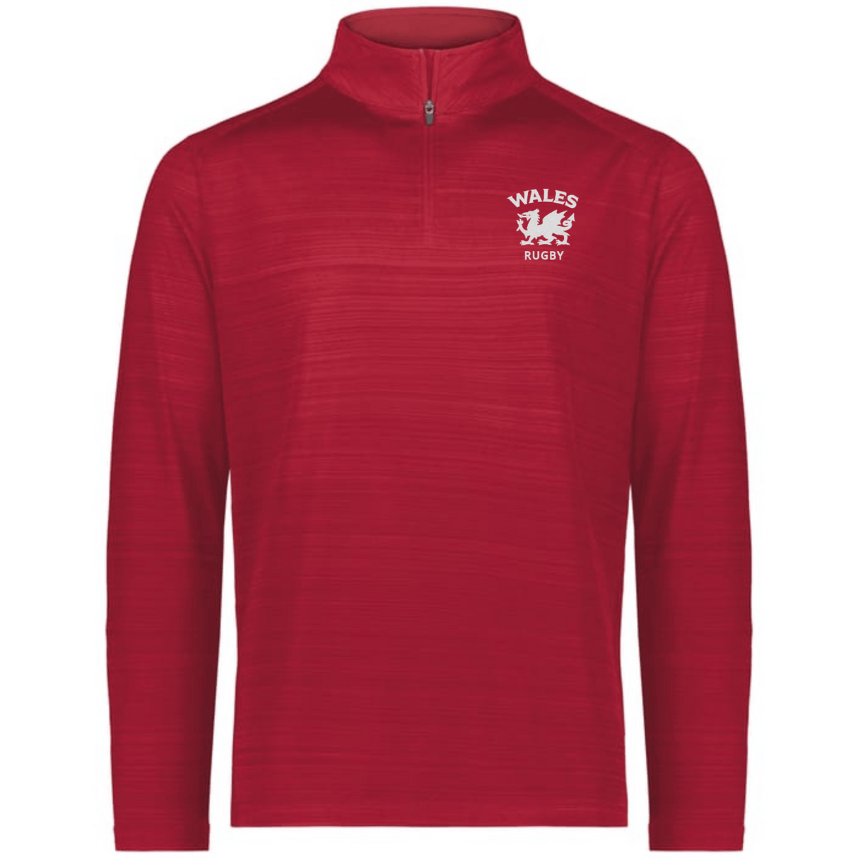 The EMB Augusta Nations of Rugby Wales Pursuit 1/4 Zip Pullover is a long-sleeved red top with "Wales Rugby" and a white dragon logo on the left chest, made from moisture-wicking fabric for comfort.