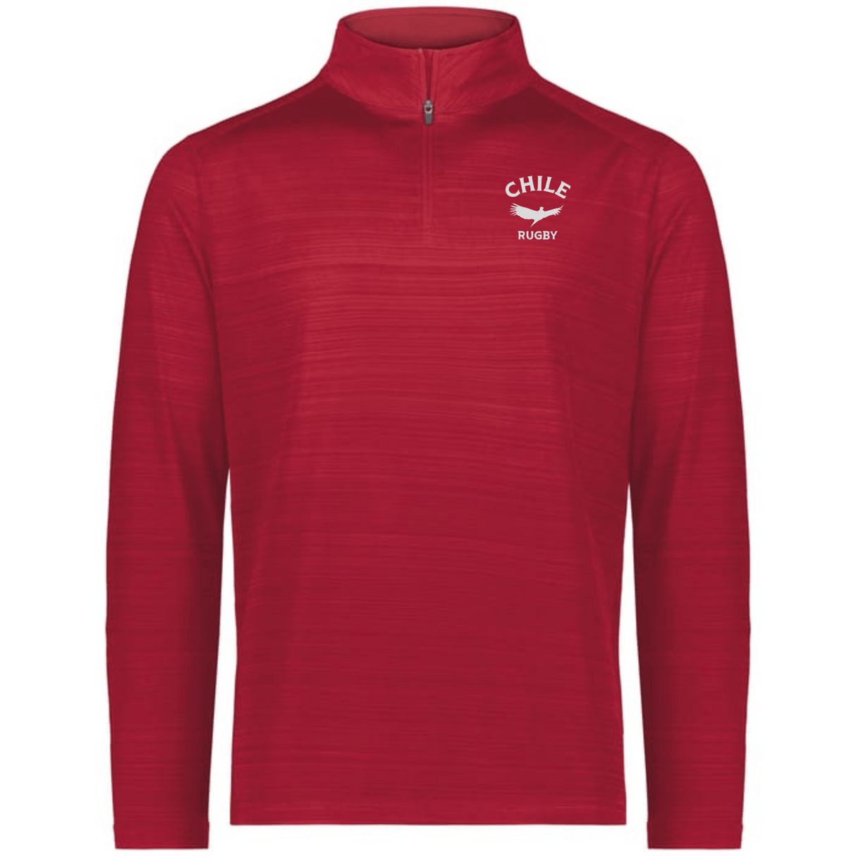 The EMB Augusta Nations of Rugby Chile Pursuit 1/4 Zip Pullover features a red design with "Chile Rugby" and a white bird graphic on the left chest—ideal for rugby fans supporting Chile.