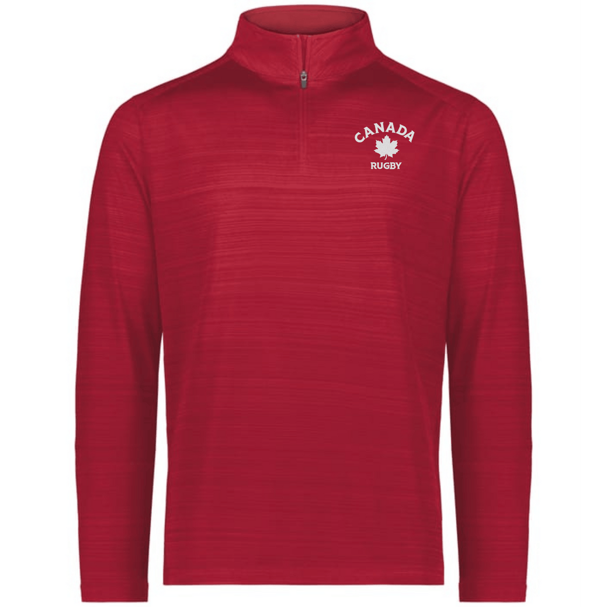 The EMB Augusta Nations of Rugby Canada Pursuit 1/4 Zip Pullover is a red long-sleeve top with "CANADA RUGBY" and a white maple leaf logo on the left chest—perfect for any Rugby Canada supporter.