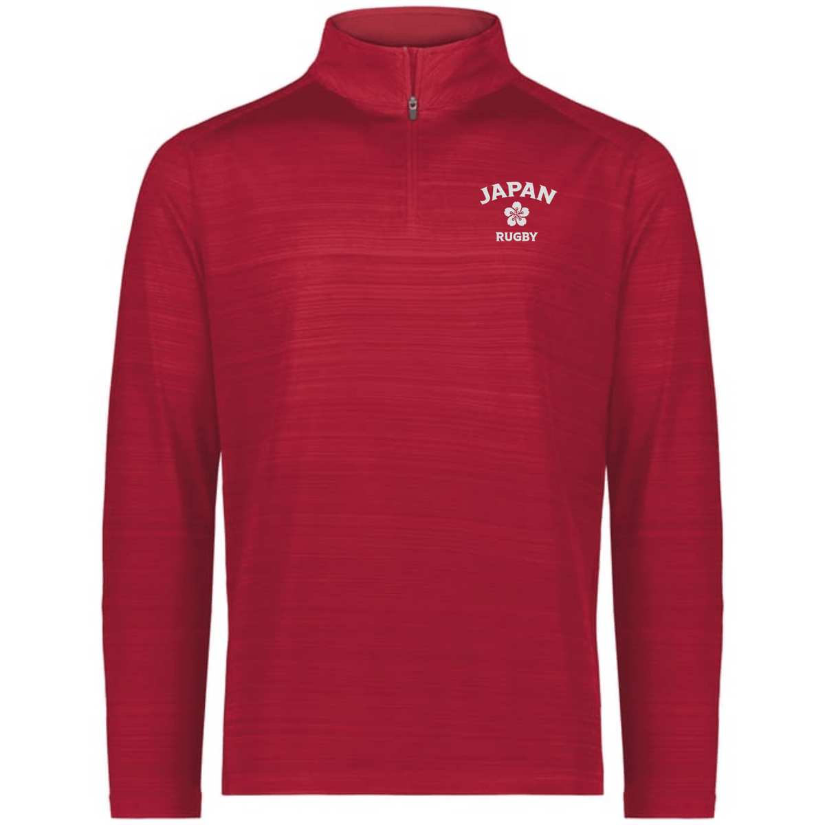 The EMB Augusta Nations of Rugby Japan Pursuit 1/4 Zip Pullover is a red top with "JAPAN RUGBY" and a white cherry blossom logo on the left chest, combining style and comfort for fans.