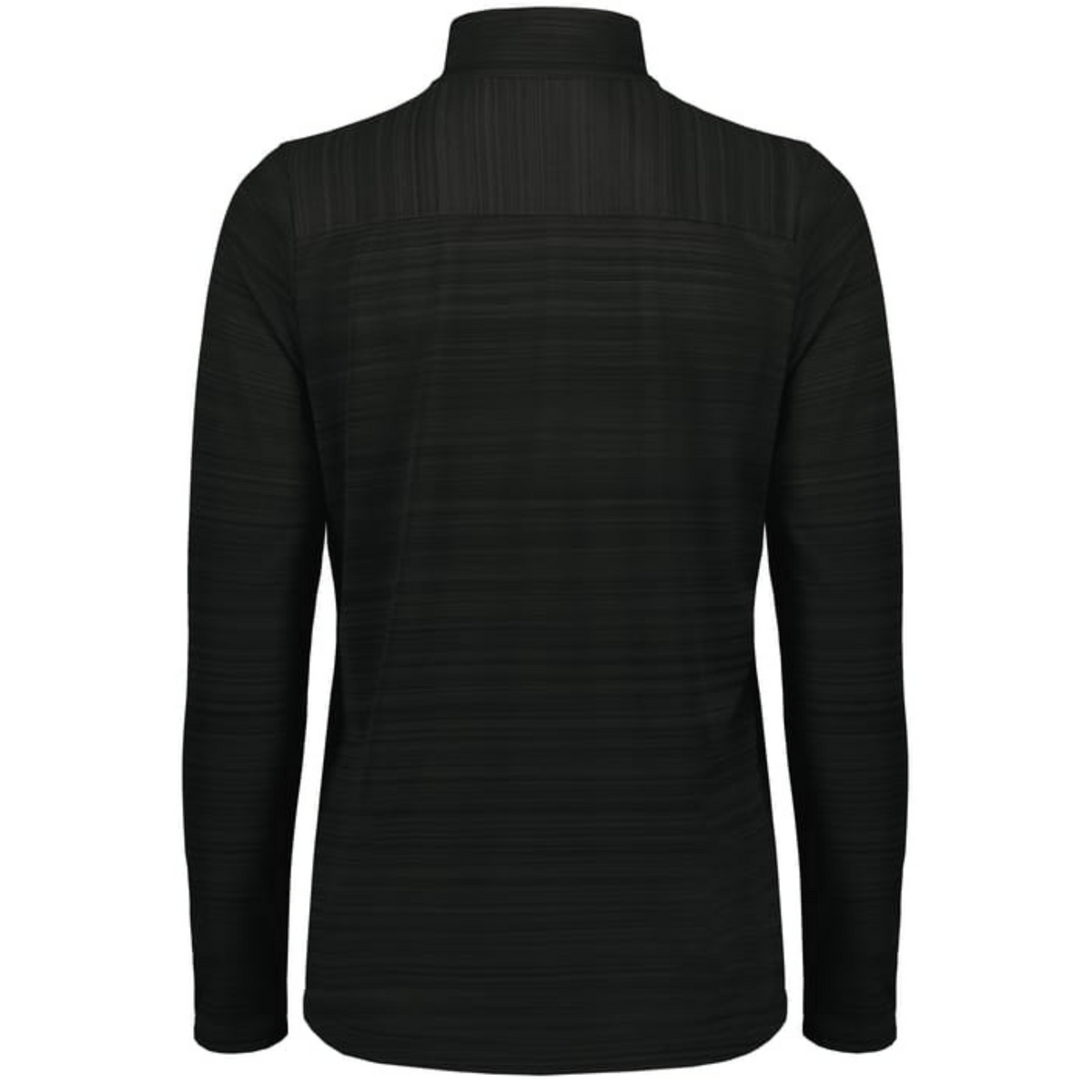 Back view of the EMB Augusta Women's Nations of Rugby Les Bleus Pursuit 1/4 Zip Pullover, a black long-sleeve with a high collar and subtle horizontal textured lines.