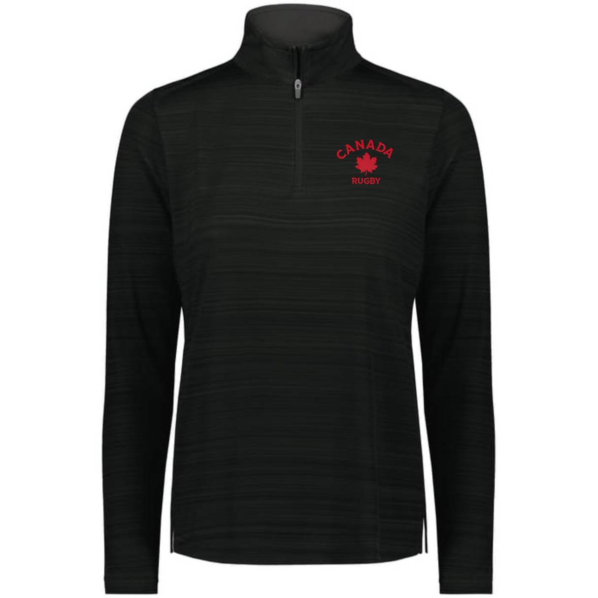 The EMB Augusta Women’s Nations of Rugby Canada Pursuit 1/4 Zip Pullover is a black, moisture-wicking athletic top featuring "CANADA RUGBY" and a red maple leaf logo on the left chest for all-day comfort.