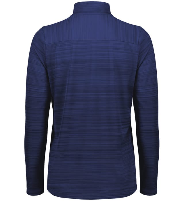 The EMB Augusta Women's Nations of Rugby Scotland Pursuit 1/4 Zip Pullover is shown from the back in navy blue with long sleeves and a subtle horizontal stripe pattern.