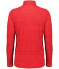 Back view of the EMB Augusta Women's Nations of Rugby Chile Pursuit 1/4 Zip Pullover, featuring bright red color, long sleeves, and a high collar, displayed against a white background.