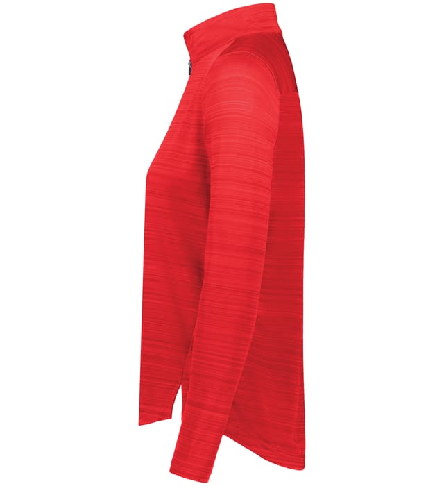Side view of the EMB Augusta Women's Nations of Rugby Canada Pursuit 1/4 Zip Pullover, a bright red, long-sleeve mock neck jacket with subtle horizontal stripes—ideal for rugby fans.