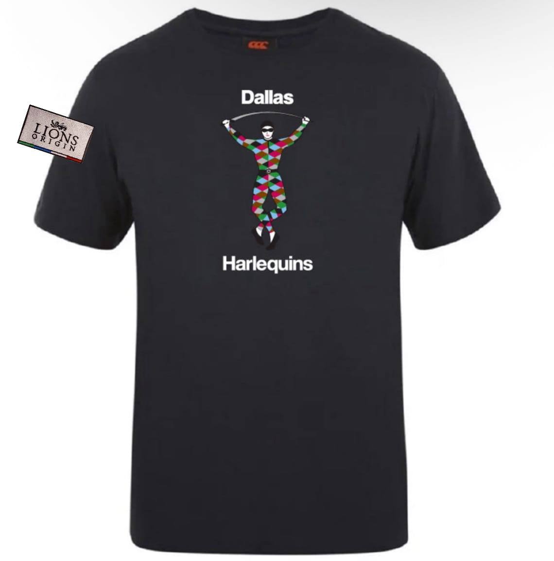 The Dallas Harlequins Lions Origin Club Plain Tee by WRS Canterbury features a colorful harlequin figure between "Dallas" and "Harlequins" on premium cotton-blend fabric, plus a small Lions Rugby card—ideal for customization or casual wear.