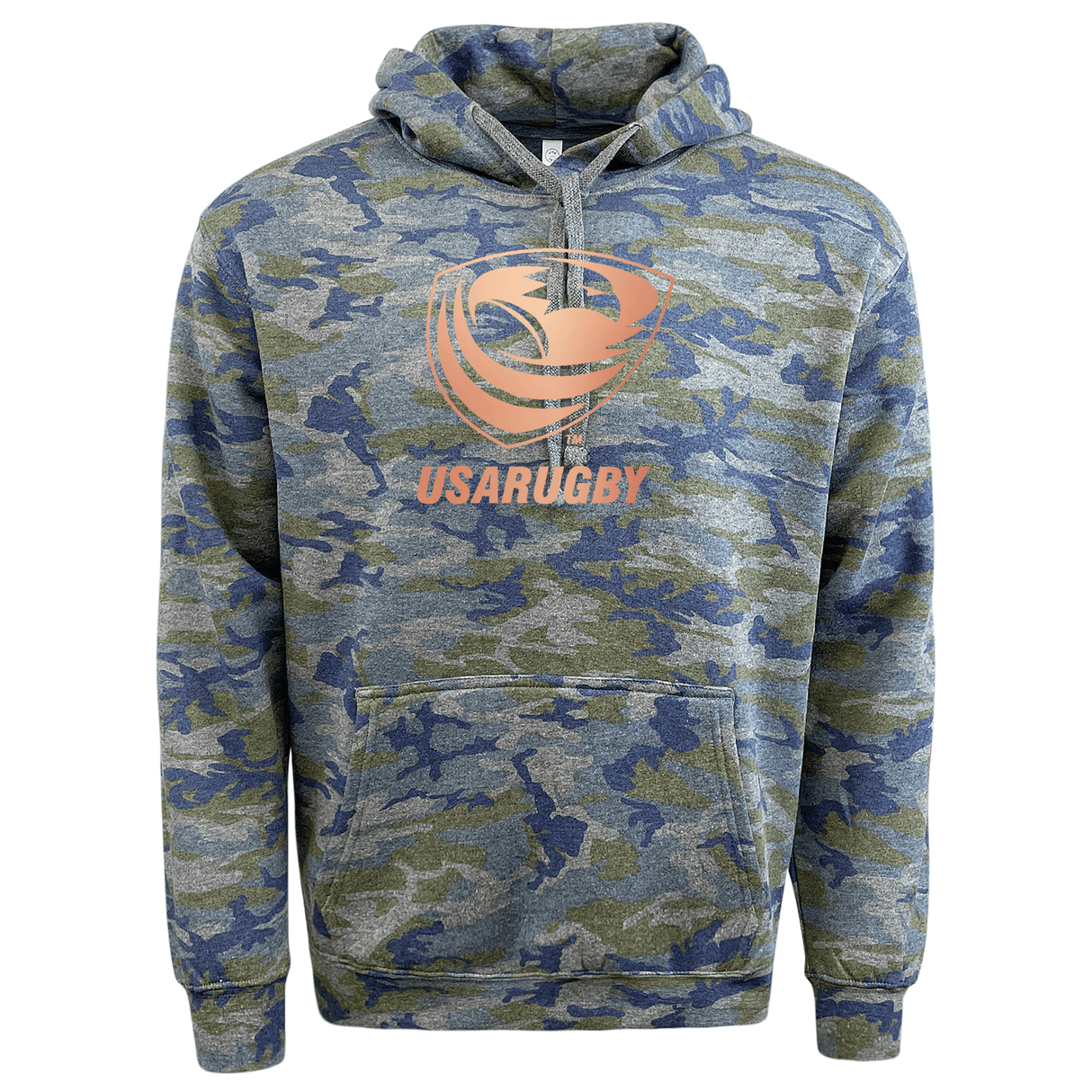 The USA Rugby Bronze Camo Edition Fleece Hoodie by WRS LAT features a front pocket, hood, and the "USARUGBY" logo prominently printed in vibrant orange on the chest.