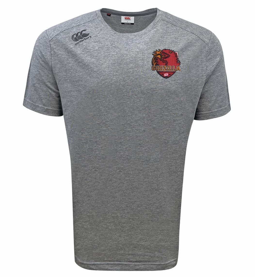 Grey short-sleeve EMB Canterbury Base Product - Jersey with a “Canterbury” logo on the right shoulder and a red “Godzilla” emblem on the left chest.