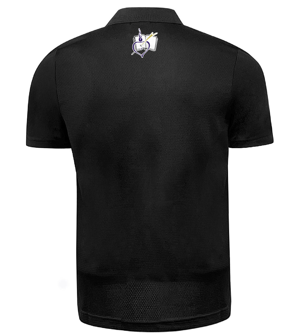 Back view of the St. Augustine High School Club Dry Polo by EMB Canterbury, a black breathable polo with Vapodri Technology and a small purple and white embroidered logo below the collar.