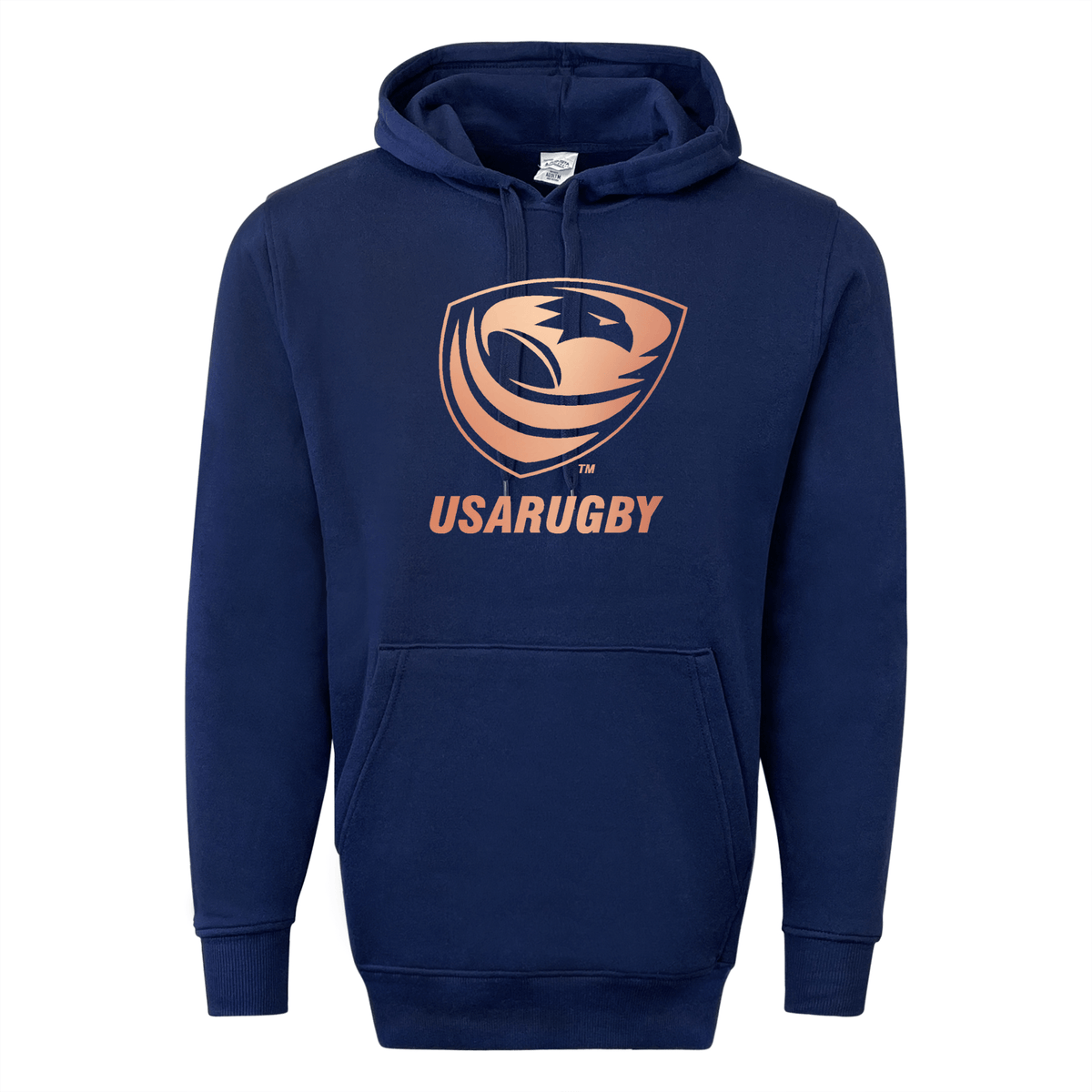 The WRS Augusta USA Rugby Bronze 60/40 Fleece Pullover Hoodie, in navy blue, features the USA Rugby logo with an eagle's head and "USARUGBY" text in orange displayed on the chest.