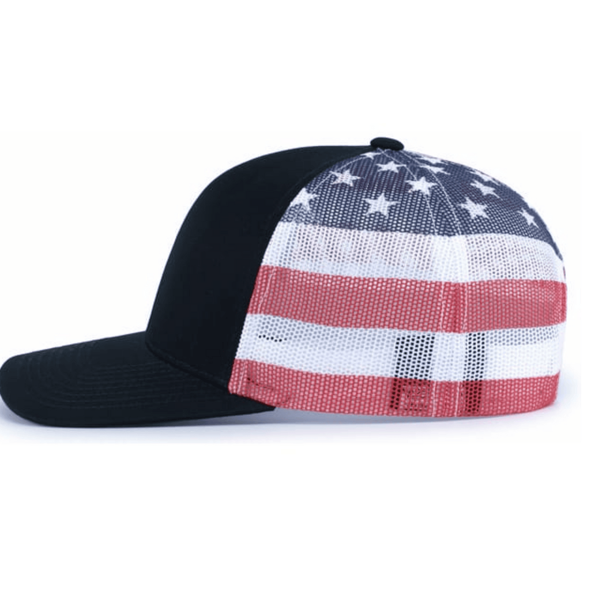 The Augusta Sportswear Printed Flag Trucker Cap features a black design with a mesh back and an American flag pattern in red, white, and blue with stars and stripes.
