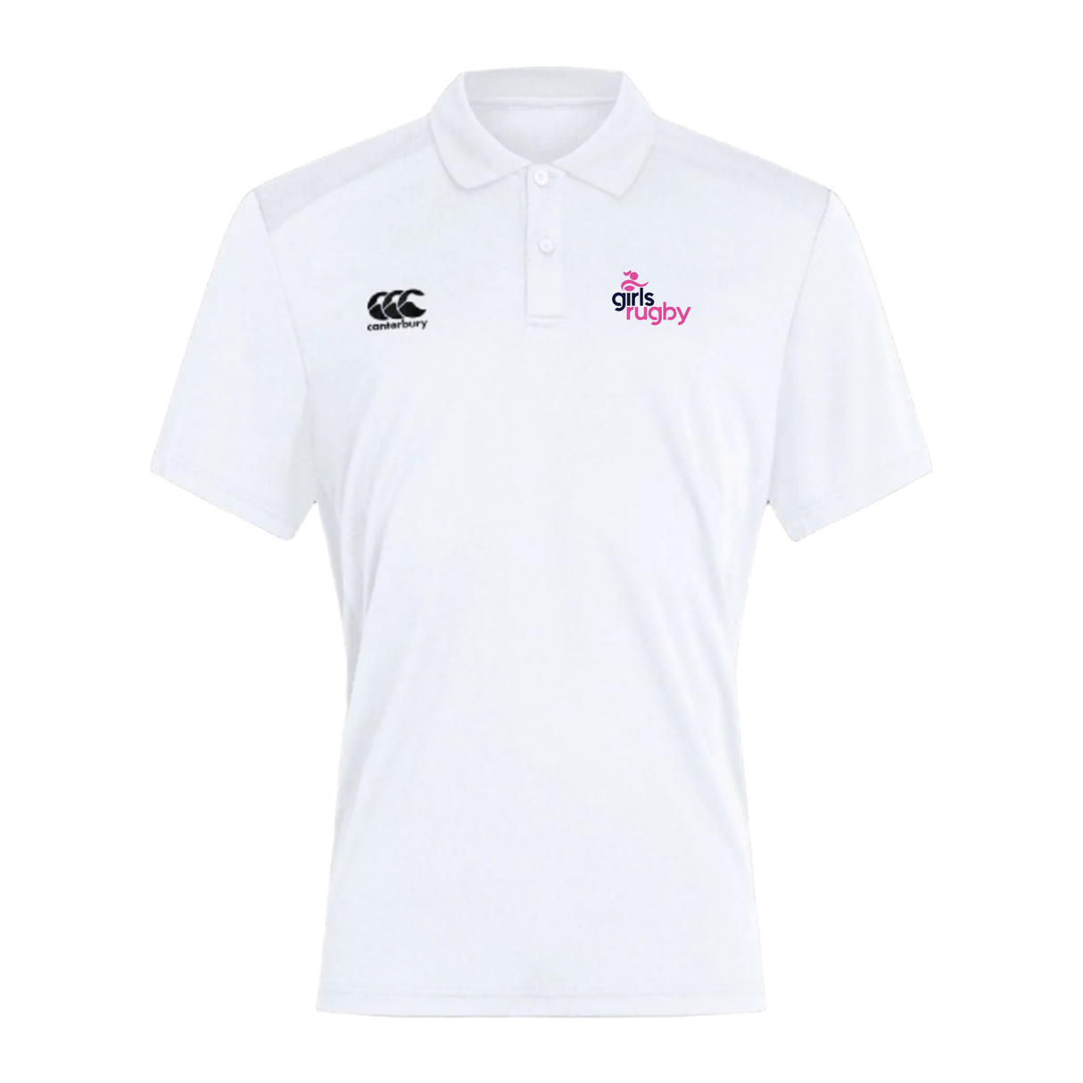 The Girls Rugby Club Dry Polo by EMB Canterbury is a white, short-sleeved polo with a collar and Vapodri tech for comfort. It features the Canterbury logo on one chest side and the "girls rugby" logo on the other.