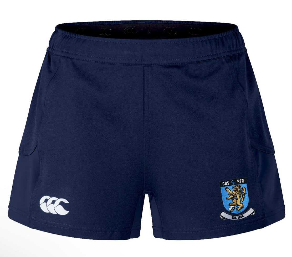 The Women's Columbia Business Advantage Short 2.0 by EMB Canterbury features a navy design with a white Canterbury logo on the left leg and CBS RFC crest on the right, offering comfortable, sustainable athletic wear for rugby players.