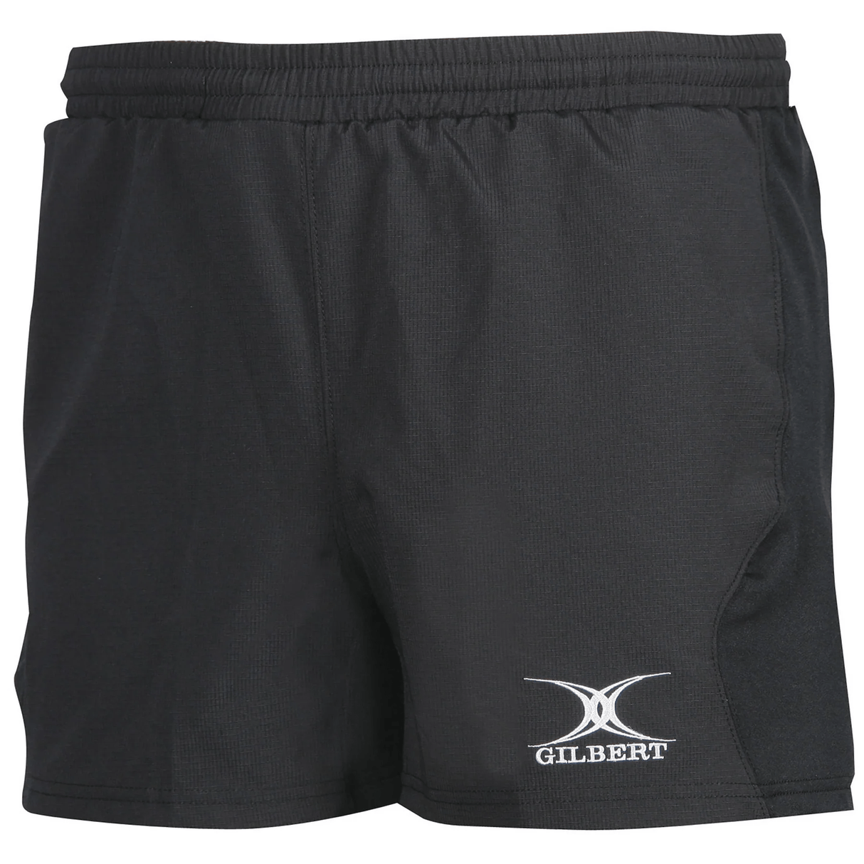 The Gilbert Virtuo Match Short 3-Pack Bundle by Bundle Gilbert includes black athletic shorts featuring a rugby-specific fit, an elastic waistband, and the white "Gilbert" logo on the left. Designed for elite players, these shorts provide style and functionality both on and off the field.