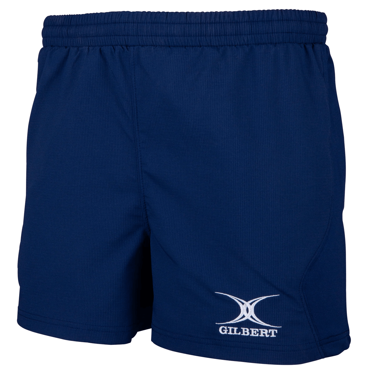 The Gilbert Virtuo Match Short 3-Pack Bundle by Bundle Gilbert is ideal for elite players, with a rugby-specific fit. These blue shorts feature an elastic waistband and the white "Gilbert" logo on the left leg.