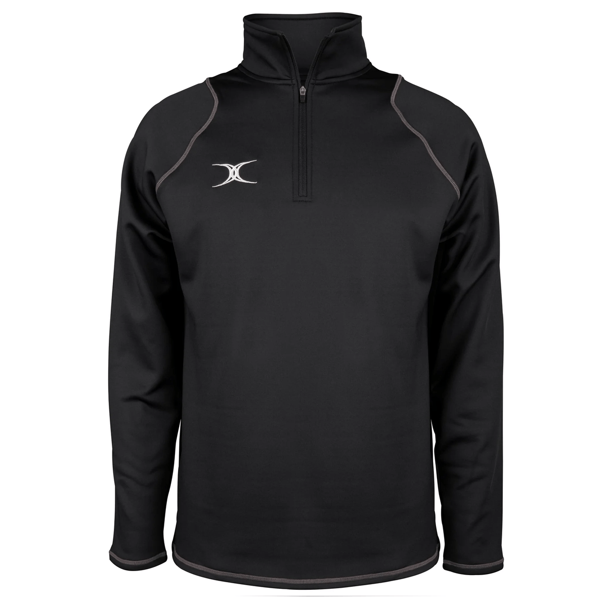 The Gilbert Quest 2 1/4 Zip Fleece Top is a black quarter-zip pullover made from micro-polyester for better mobility, featuring a raised collar and small white logo on the chest.