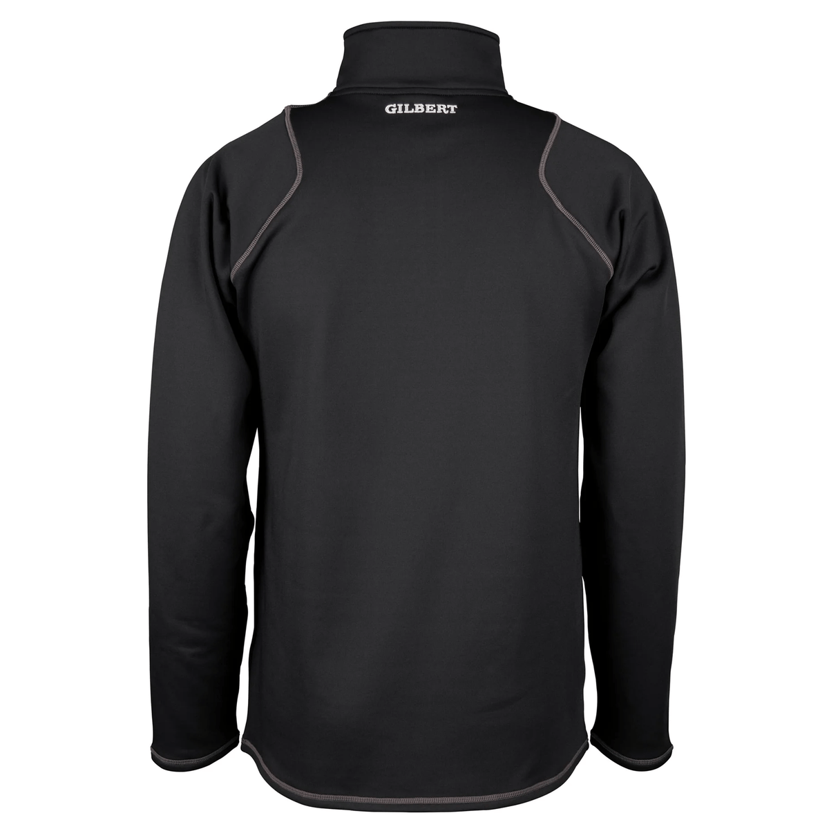 The back of the black Gilbert Quest 2 1/4 Zip Fleece Top, made from micro-polyester, features a high collar, light stitching, and "GILBERT" in white on the upper back for style and mobility.