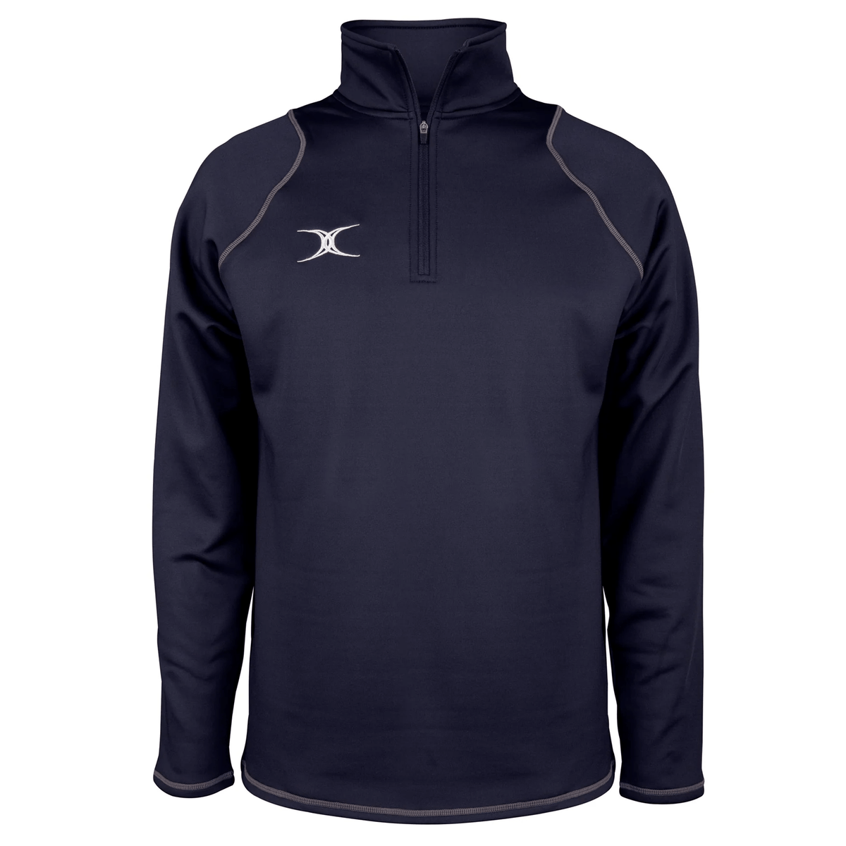 The Gilbert Quest 2 1/4 Zip Fleece Top is a navy blue long-sleeved athletic pullover, featuring a half-zip and small white logo on the chest. It’s expertly crafted from micro-polyester for enhanced mobility.