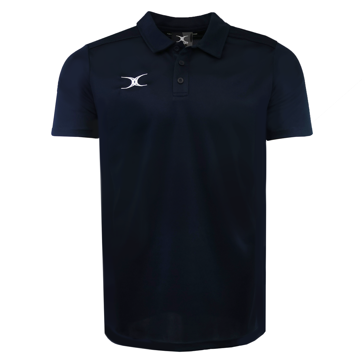 The Gilbert Photon II Polo is a navy blue short-sleeve shirt with a small white embroidered left-chest logo, three-button placket, and lightweight, moisture-wicking fabric for all-day comfort.