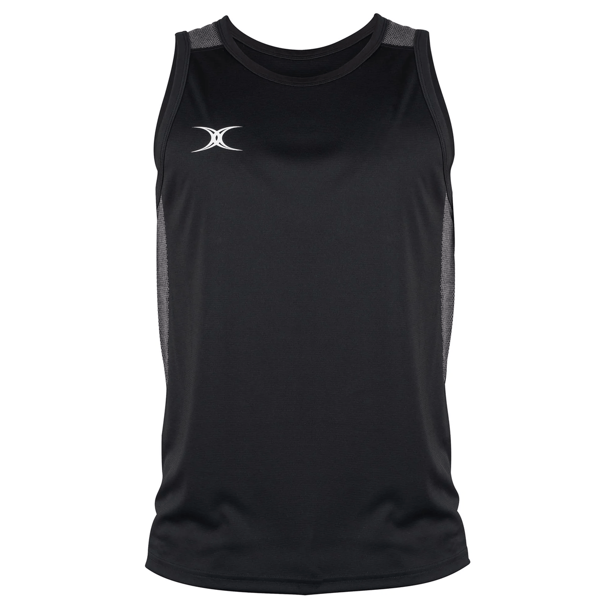 The Gilbert Pro Training Singlet is a black sleeveless top designed for intense rugby training, featuring a sleek front logo and made from stretch fabric for ultimate comfort.