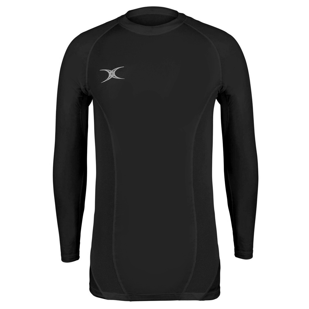 The Gilbert Atomic II Baselayer is a black long-sleeve athletic shirt with a small white logo on the upper left chest, designed for rugby with effective moisture wicking, shown on a white background.