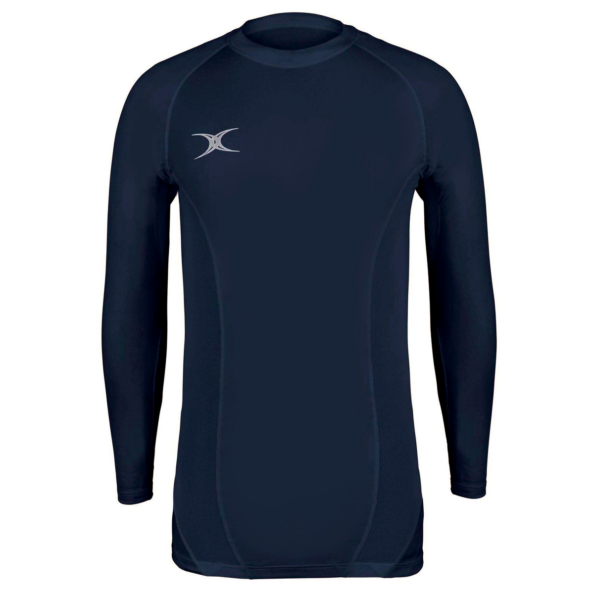 The Gilbert Atomic II Baselayer is a navy blue long-sleeve rash guard with visible stitching and a small white Gilbert logo on the left chest, designed for moisture wicking to keep you dry during intense activity.