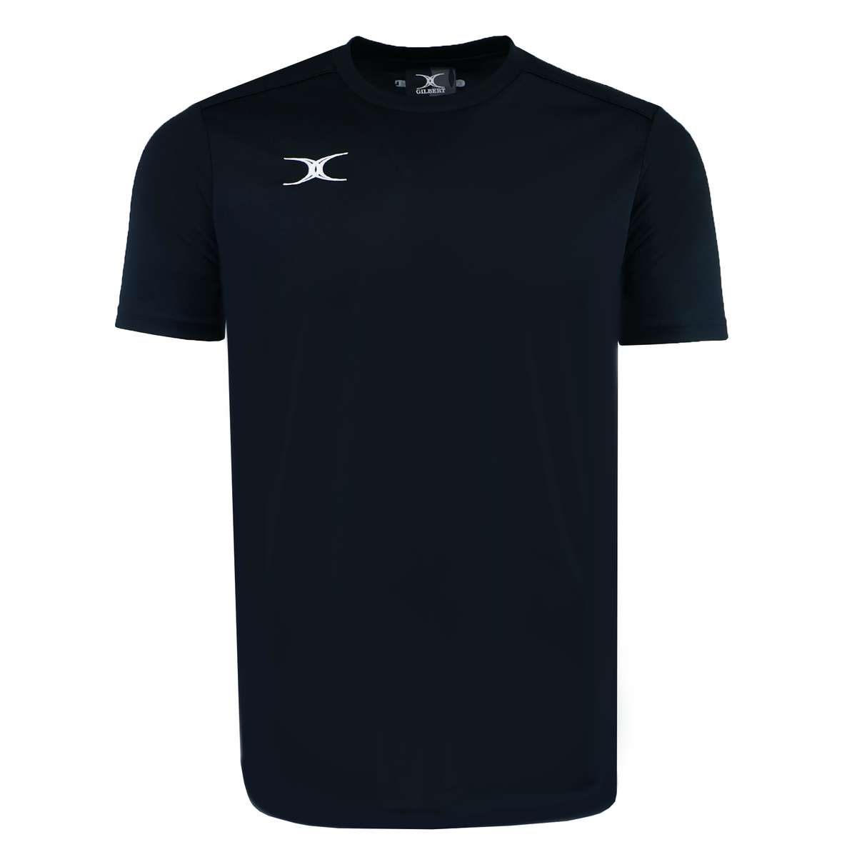 The Gilbert Photon Training Tee by Gilbert is a black short-sleeve athletic t-shirt featuring a small white logo on the left chest, made from moisture-wicking fabric for comfort.