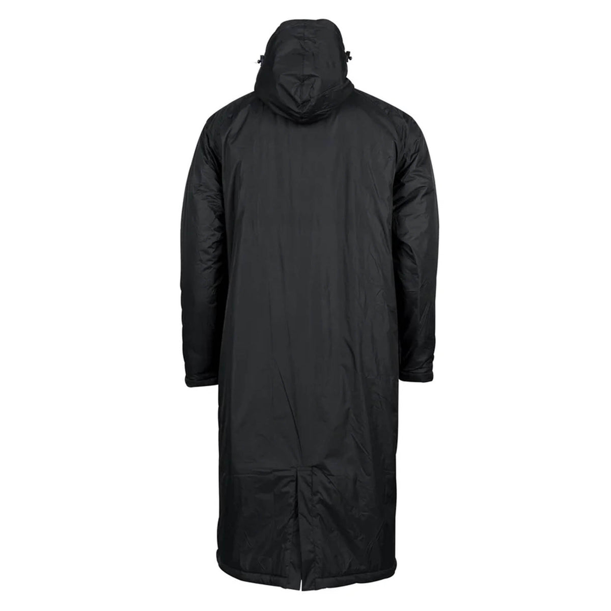 The Gilbert TTS Touchline Jacket by Gilbert is shown from the back, featuring a long black hooded design reminiscent of a waterproof coaches jacket, with full-length sleeves, a straight cut, and a split at the bottom hem.