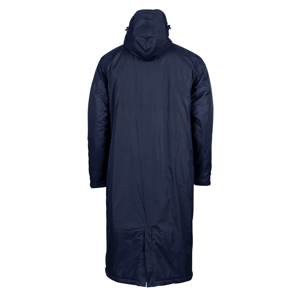 The Gilbert TTS Touchline Jacket by Gilbert is displayed from the back against a white background, showcasing its long, dark blue waterproof design.