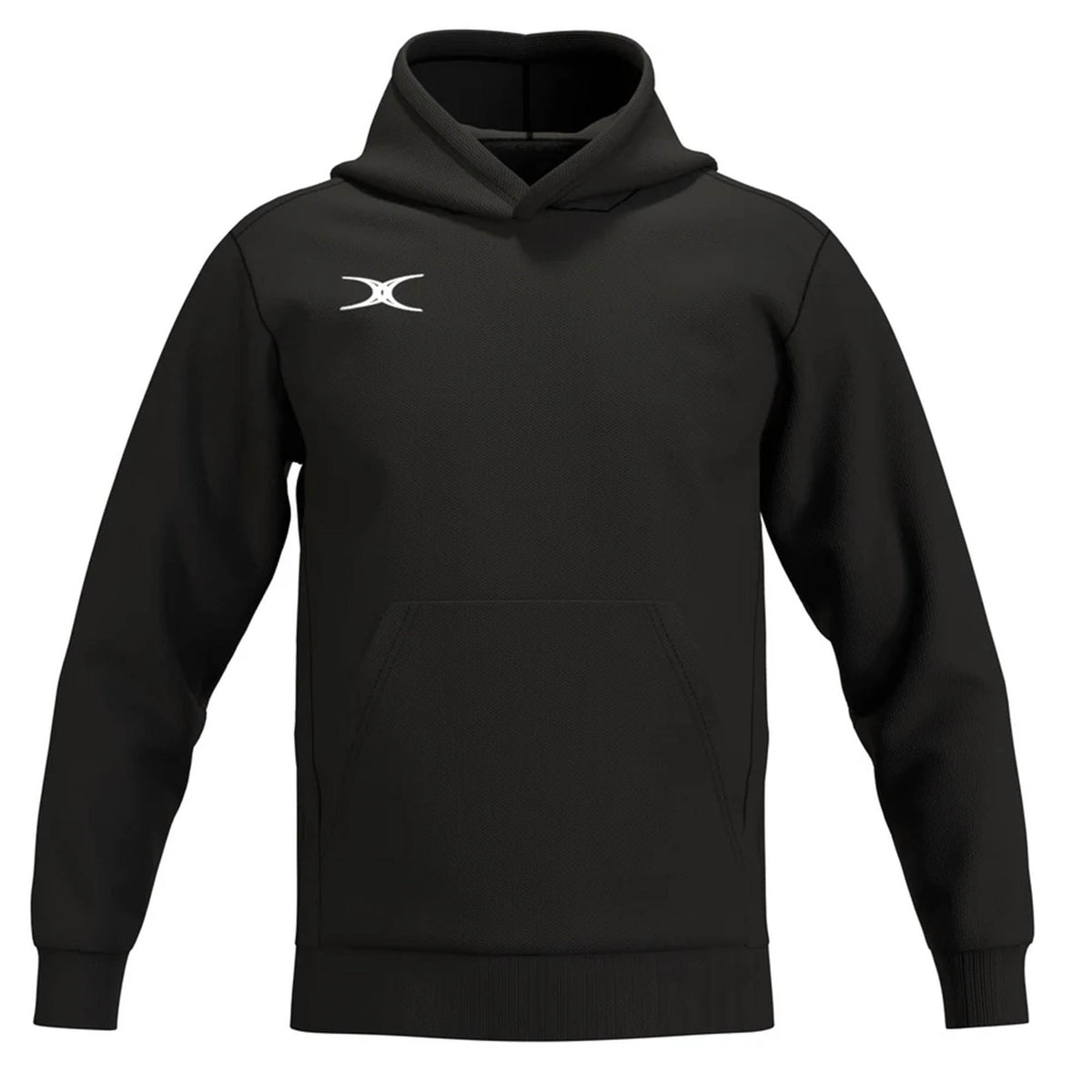 Black long-sleeved Gilbert Atom Hoodie with a hood, a front kangaroo pocket, and a small white logo on the right chest.