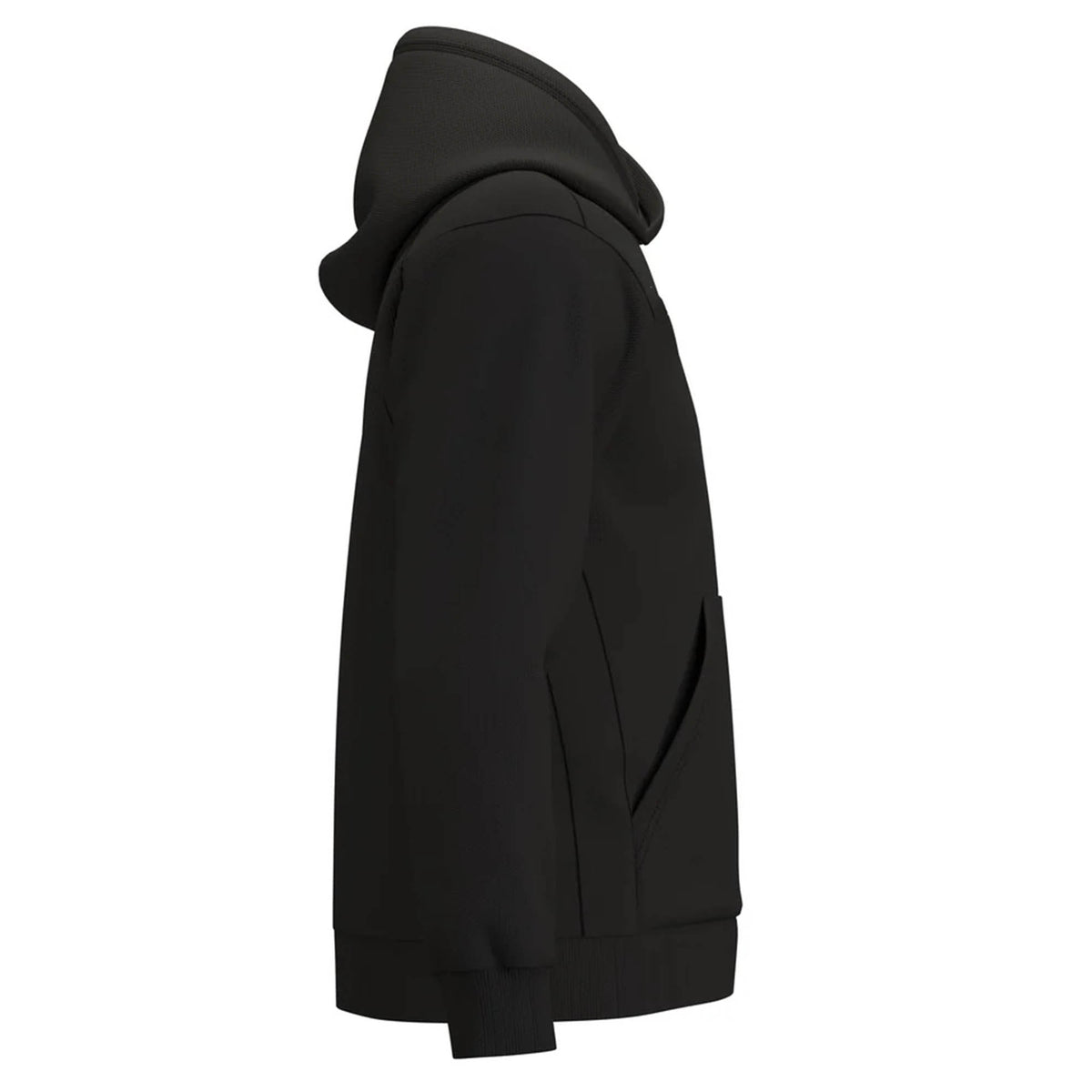 Side view of a solid black Gilbert Atom Hoodie with a front pocket.