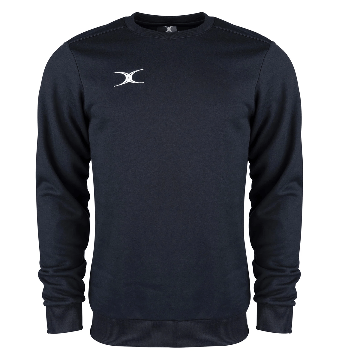 The Photon Sweatshirt by Gilbert features a plain black design, long sleeves, cozy fleece lining for warmth, and a small white logo on the left chest—ideal insulating wear for cooler weather.
