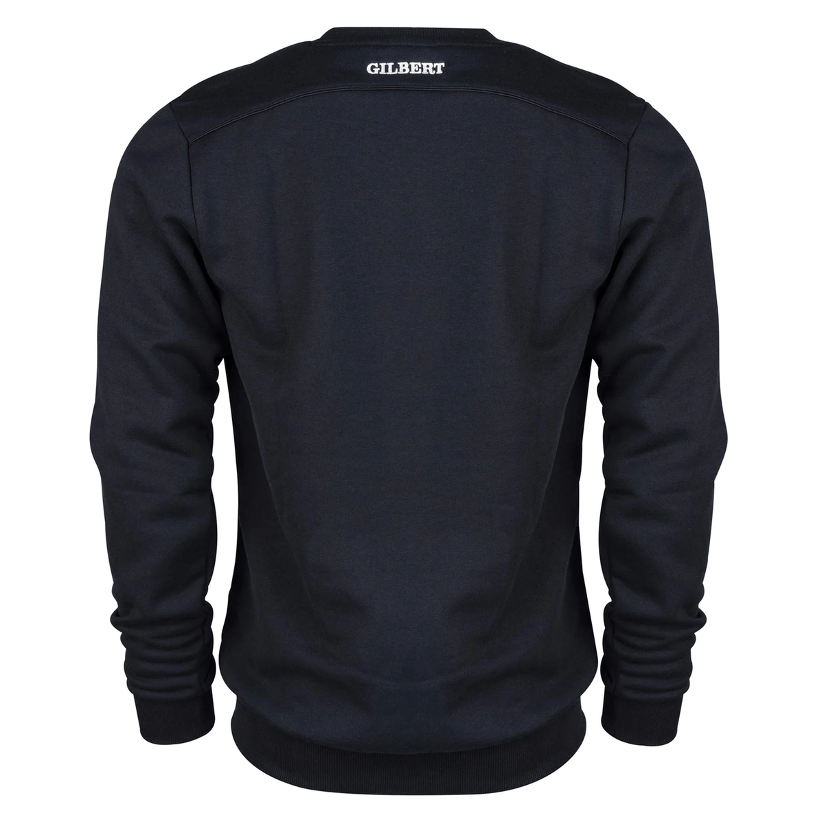 The Photon Sweatshirt by Gilbert is a black long-sleeve top, shown from the back with "GILBERT" in white near the neckline, offering ideal insulation for cooler days.