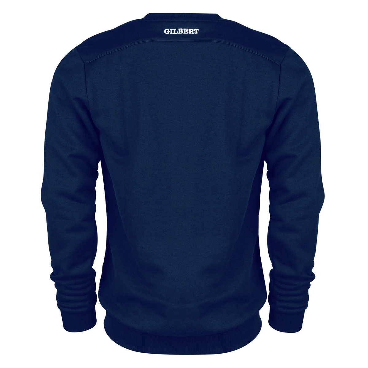 The Photon Sweatshirt by Gilbert in navy blue, shown from the back, displays "GILBERT" in white near the neckline and features a cozy fleece lining for extra comfort.