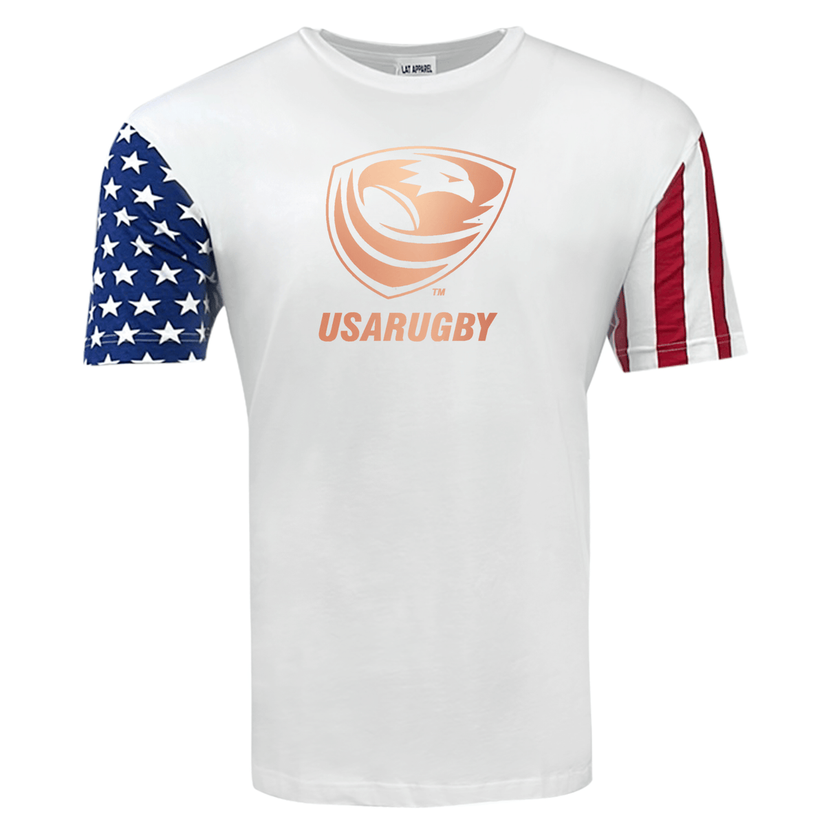 The USA Rugby Bronze Stars and Stripes Supersoft T-Shirt by WRS LAT is a white top emblazoned with an emblem on the front. The left sleeve features stars from the US flag, while the right sleeve showcases the stripes. Celebrate your Eagles pride in style, honoring the Women's Sevens bronze medal achievement.