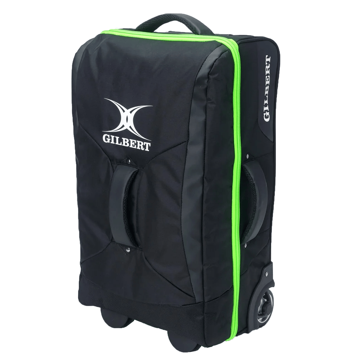 Introducing the Gilbert Club Flight Rugby Travel Bag by Gilbert, featuring green accents on a sleek black design. Crafted from durable materials, this travel bag comes equipped with two wheels for easy mobility, a black top handle, and an additional side handle for versatile carrying options. The iconic Gilbert logo is prominently displayed on the front, ensuring brand distinction. Perfectly designed to be airline compatible for all your travel needs.