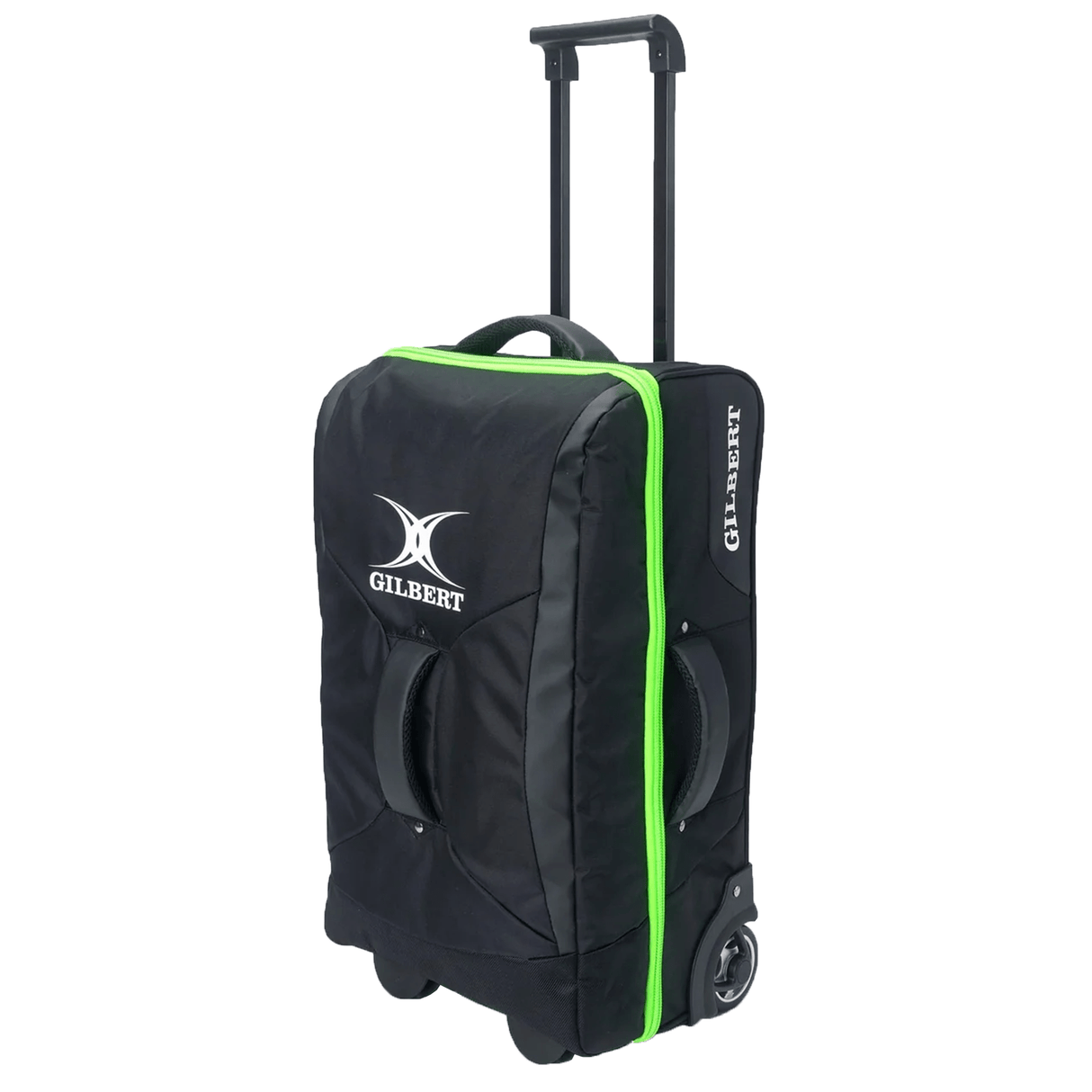The Gilbert Club Flight Rugby Travel Bag, featuring a black design with green trim and an extended handle, prominently displays the Gilbert logo. Made from durable materials, it's perfect for rugby travel and is airline compatible for all your adventures.