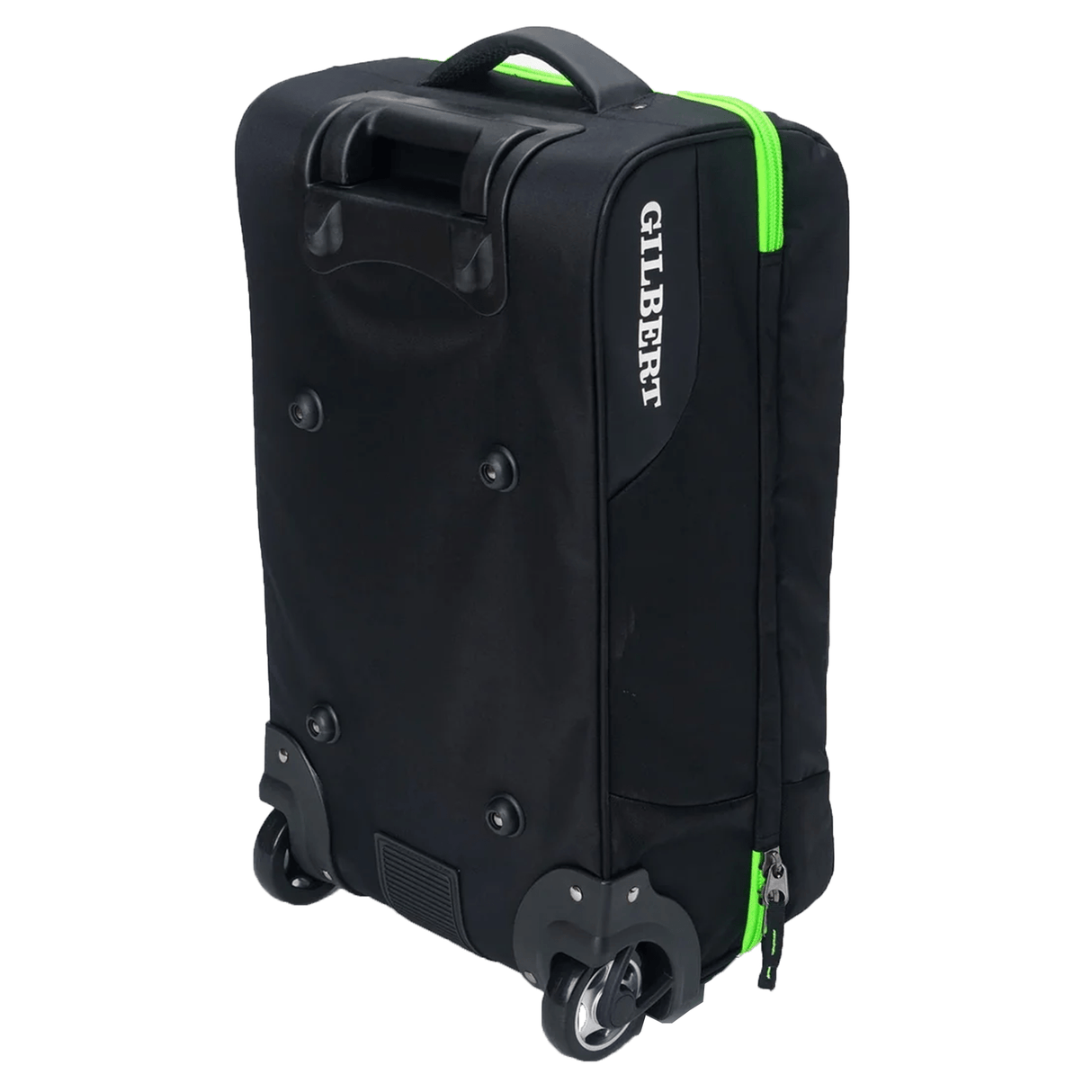 A black Gilbert Club Flight Rugby Travel Bag with a green zipper and the name "GILBERT" printed on its side. This durable travel bag features a top handle and two rear wheels for easy transport, making it airline compatible.