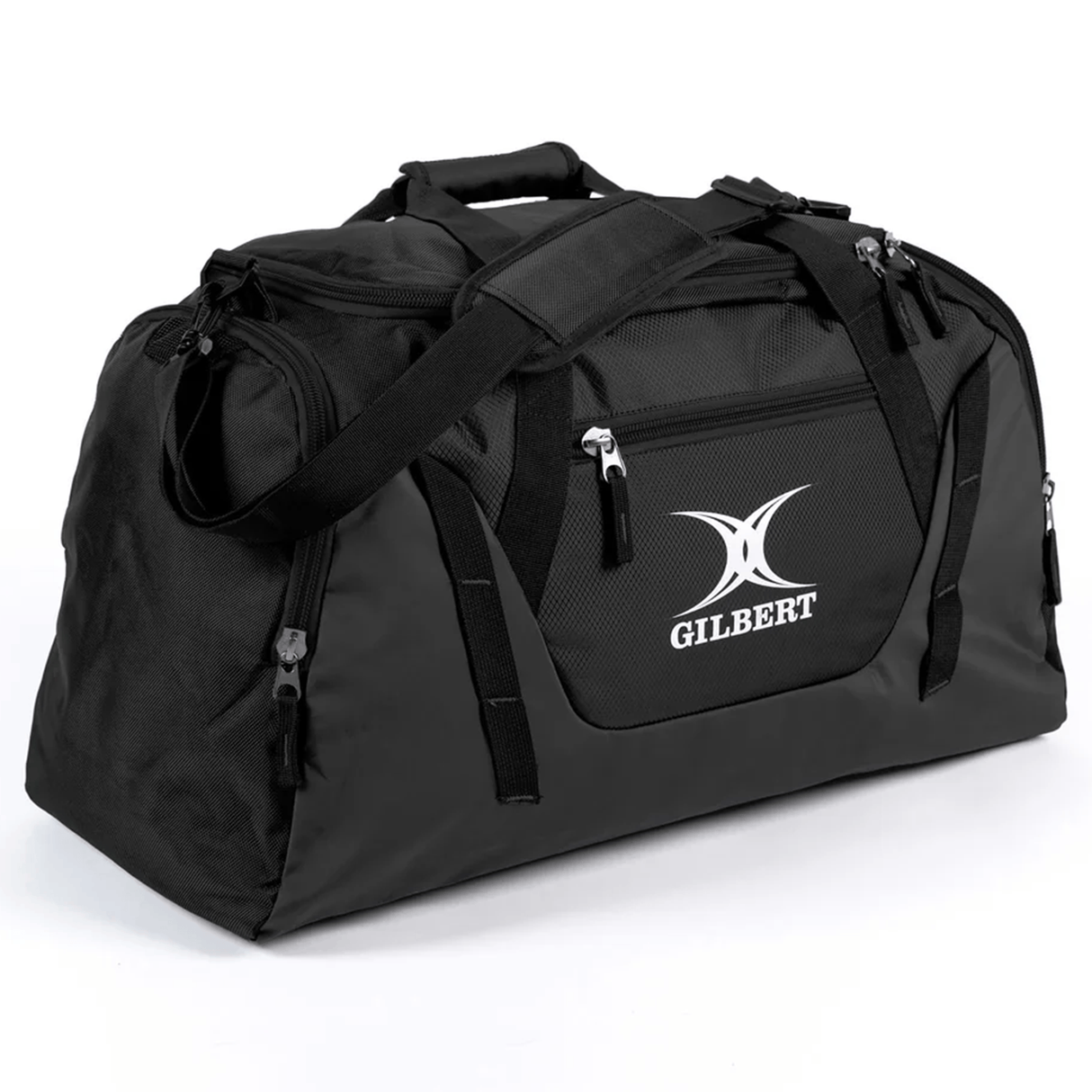 The Gilbert Club Player V4 Holdall Duffle Bag is a black duffle with multiple zippered compartments and an adjustable shoulder strap—ideal for carrying all your rugby kit essentials.