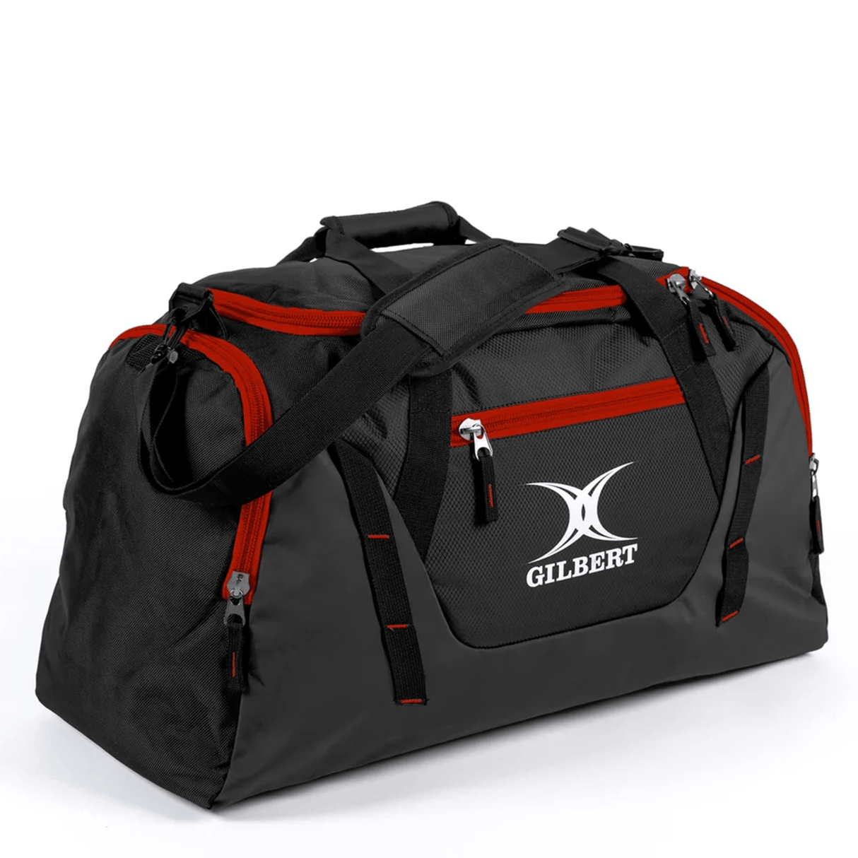 The Gilbert Club Player V4 Holdall Duffle Bag features black and gray colors, red zippers, a shoulder strap, and the "GILBERT" logo on the front—ideal as a rugby kit bag for carrying all your essentials.