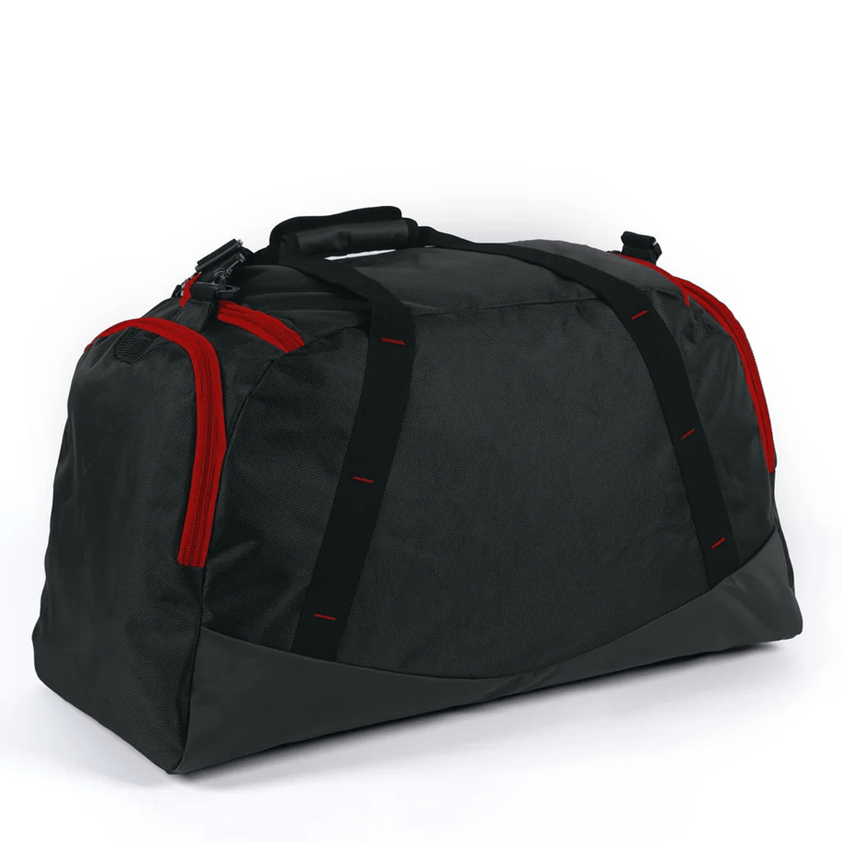 The Gilbert Club Player V4 Holdall Duffle Bag, a black rugby kit bag with red zippers and handles, is displayed on a white background.