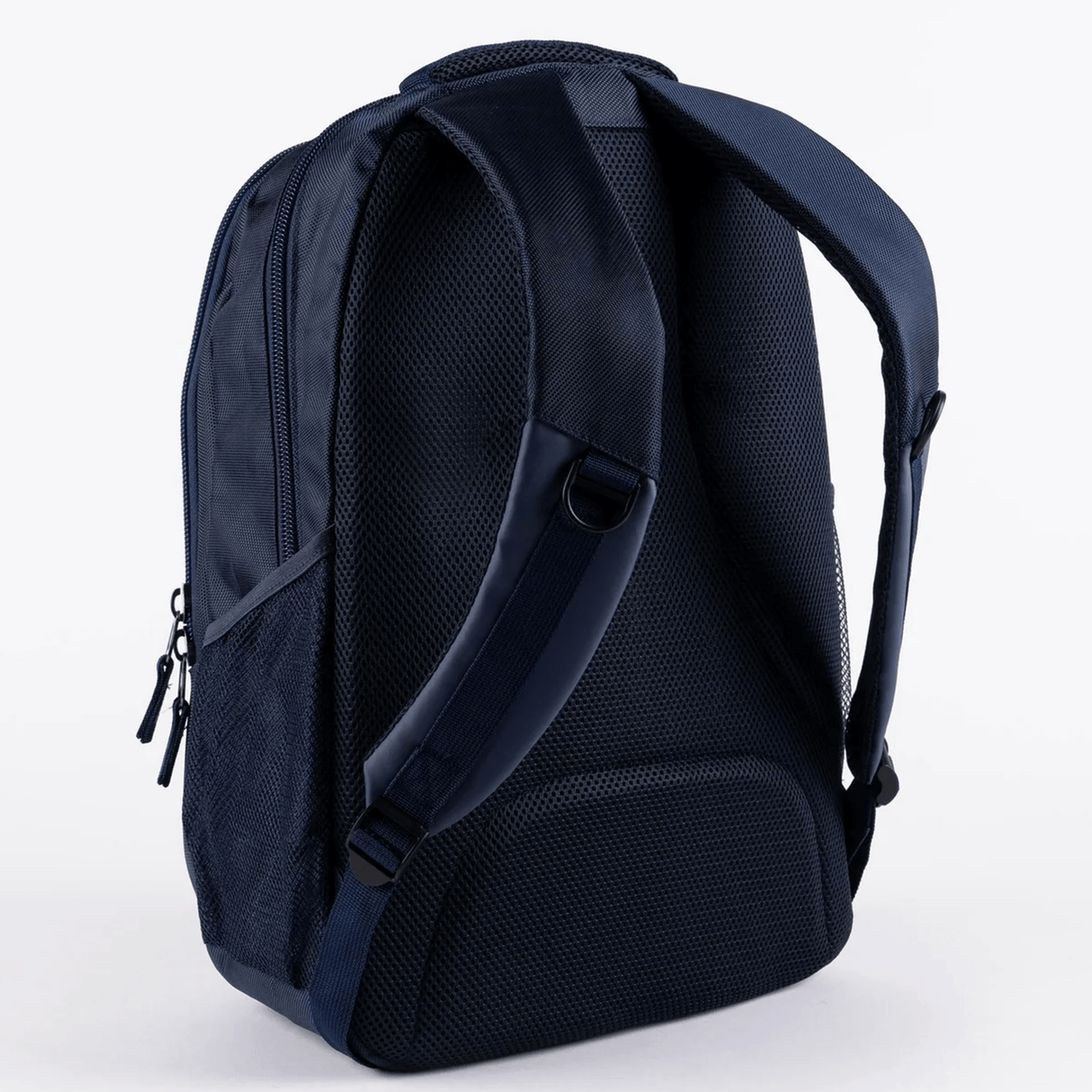 The Gilbert Club V4 Rucksack Backpack by Gilbert is a dark blue athletic bag featuring padded shoulder straps and a mesh back panel, displayed from the rear at a slight left angle against a plain white background.