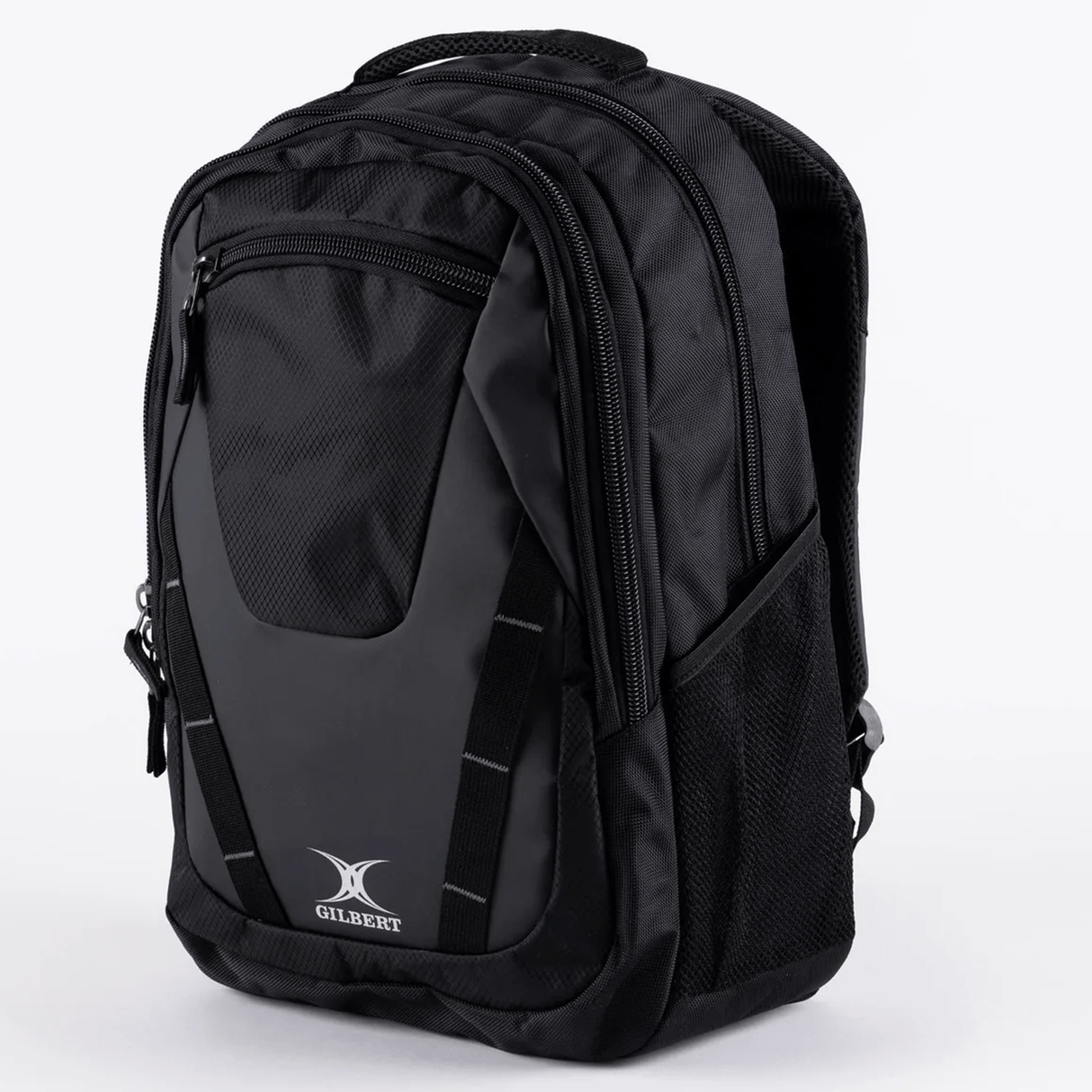 The Gilbert Club V4 Rucksack Backpack by Gilbert is a black sports bag featuring multiple zippered compartments, mesh side pockets, and a top handle, shown here against a plain white background.