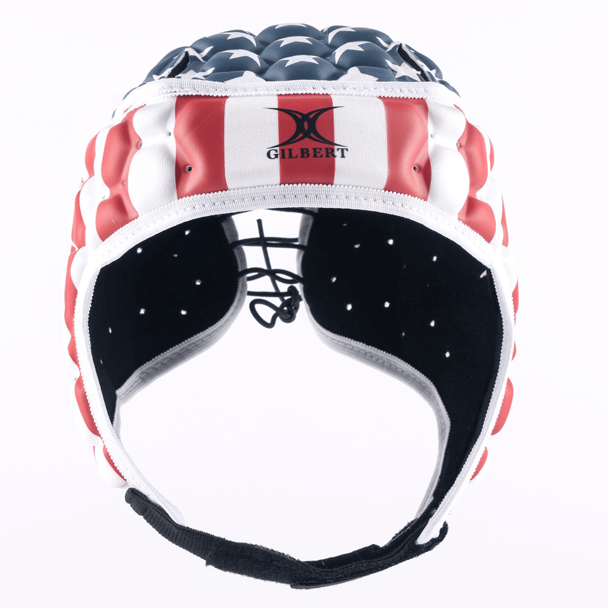 Gilbert USA Stars and Stripes XP 250 Headguard featuring a red, white, and blue design with stars, resembling the American flag, and the brand name "GILBERT" on the front.