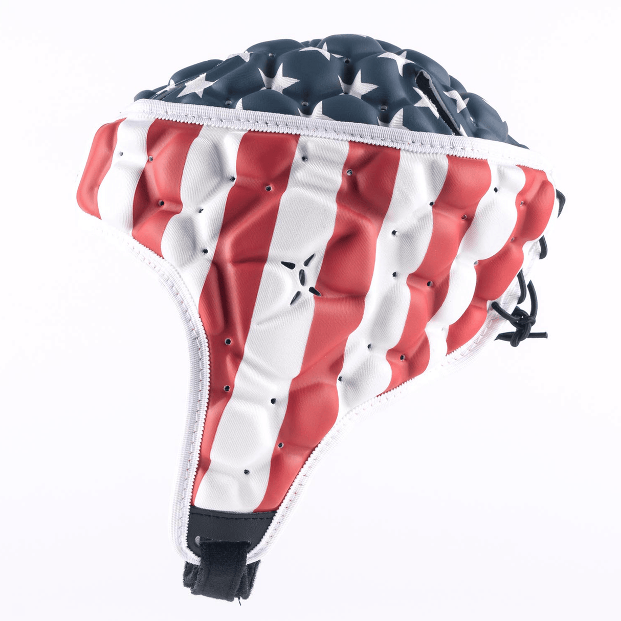 The Gilbert USA Stars and Stripes XP 250 Headguard by Gilbert is a protective rugby headguard featuring a design with the United States flag, showcasing stars on the top and red and white stripes around the sides.