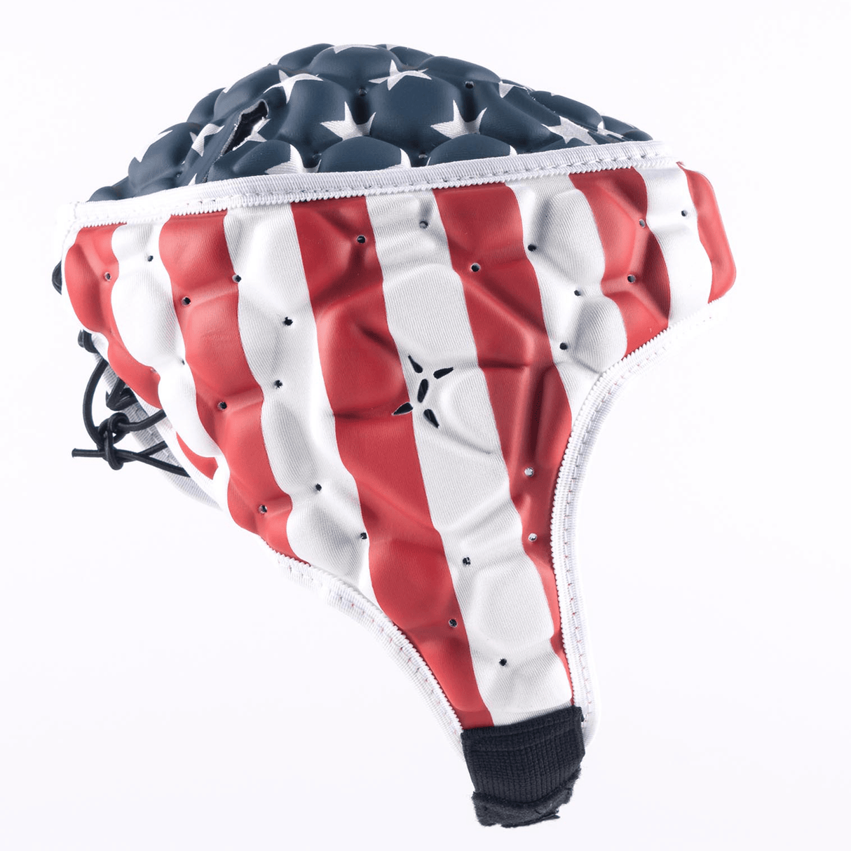 The Gilbert USA Stars and Stripes XP 250 Headguard, adorned with the American flag design featuring red and white stripes and white stars on a blue background, offers padded protection ideal for rugby enthusiasts.