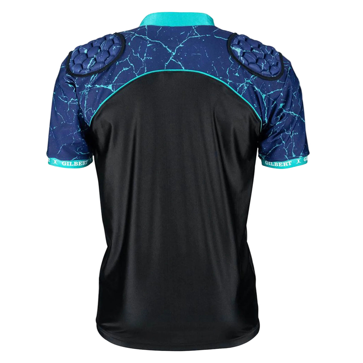 Black and blue Gilbert Atomic V3 Body Armour, featuring padded shoulders, a turquoise collar, and sleeve cuffs; shown from the back. Designed by Gilbert for lightweight rugby protection, this moisture-wicking gear delivers comfort and essential support on the field.